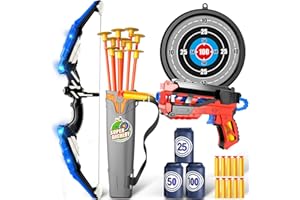 Doloowee Arc et Flèche pour Enfants Jouets avec Lumières LED - 27Pcs Archery Set Includes 1 Bow, 10 Suction Cups Arrows Target and Quiver, Play Indoor and Outdoor for Boys Girls Toys