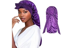 MTBRICEY Satin Haarhaube Extra Lange Seiden Schlafhauben für Damen Verstellbar Satin Schlafmütze mit Elastisches Band Seiden Haarhaube zum Schlafen Haarhaube für Langes Lockiges Haar Zopf (Lila, 1Pcs)
