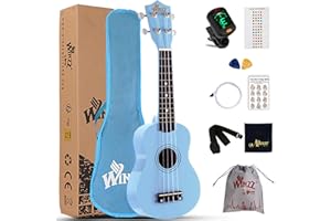Winzz Blue Ukulele Soprano Beginners Kit with Bag, Clip-On Tuner, Extra Strings, Strap, Plectrum, Fret Stickers, Chords Card, Polishing Cloth