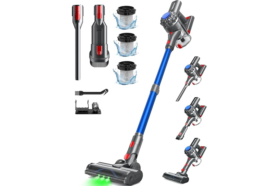 Ivormentico Wireless Vacuum Cleaner, 50Mins/450W/40KPA Wireless Electric Broom, Green LED Vacuum Cleaner, Vertical Vacuum Cleaner with Removable Battery for Carpets/Animal Hair, Blue