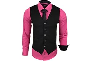 Subliminal Mode - Gilet + Chemise + Cravate Homme Col Bicolore Uni Manches Longues Coupe Ajusté Business Repassage Facile RN33