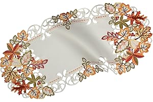 QUINNYSHOP Herbst Tischläufer Tischdecke Weiß gestickt mit bunten Blätter Mitteldecke Deckchen (ca. 40 x 90 cm Oval)