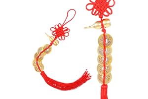 QUILAX 2PCS Feng Shui Good Luck Charms, Metal Gourd 5 Coins Feng Shui Decor, Red Chinese Knot Tassel Good Luck Gifts, Five Emperor Coins Blessing Gifts for Car Furniture Bag Home Office