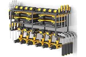 Yeabett Uchwyt na wiertarki bezprzewodowe, zestaw 2 wiszących stojaków na narzędzia, 3-poziomowa wytrzymała półka na 6 wiertarek, kompaktowa konstrukcja