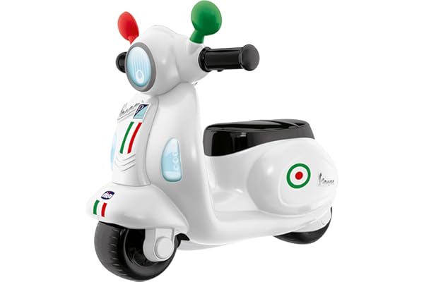 Chicco Moto Porteur pour Enfants, Trotteur Vespa Primavera Italie, Jouet avec Panneau Electronique, Lumières et Sons, Stabilisateurs avec Roues Amovibles, Max 25 kg - Jouet Enfant de 1 à 3 Ans