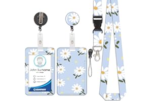 VIOJRLLY Kartenhalter mit Lanyard, ID-Badge, Kartenhalter mit Lanyard, abnehmbares Lanyard mit einziehbarem Clip für Visitenkarten, Eintrittskarten, ID-Karten, grüne Blätter und kleine Blumen