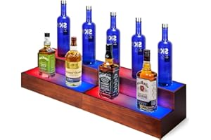 B4Life LED Lighted Liquor Bottle Display Shelf,2 Tier Real Wood Illuminated Bar Liquor Shelves Bottle Display with Remote App Control(2 Pack)