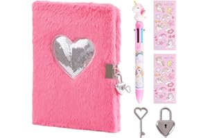 PrinBarBee Heart Diary for Girls with Lock and Keys, Cute Plush Diary Secret Diary, Writing Journal Lined Pages Notebook Sequined Design Birthday Gift Set for Kids ages 6-8