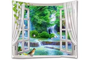 A.Monamour Arazzo da Parete Grande Mandala Alberi Verdi Foresta Giungla Cascata Lago Uccelli Natura Scenario Attraverso La Finestra 3D Telo Tessuto Tenda Tovaglia Copriletto Arazzi Murale Decorazione