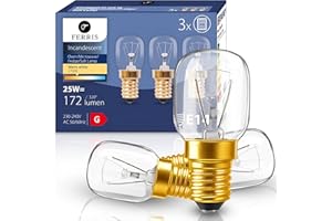 FERRIS 3 Pack E14 Oven Bulbs 25W | Ultra Heat-Resistant >320°C | 2700K Warm White Dimmable SES Incandescent Light | Long Life Small Screw Bulb for Ovens, Microwaves, Fridges & Salt Lamps
