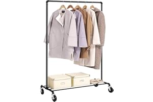 SONGMICS Stand Appendiabiti in Metallo, Attaccapanni con Ruote e Ripiano, Portata fino a 90 kg, Design Industriale, per Camera da Letto, Cabina Armadio, Nero HSR61BK