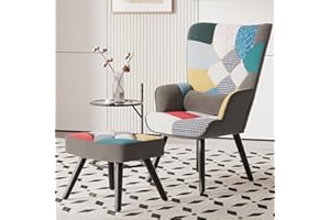 Aivermeil Armchair Tub Chair,with Footstool pillow,High back with gold legs Comfy,Velvet Chair, for Bedrooms, Living rooms,Relaxation,150kg Load Capacity Patchwork