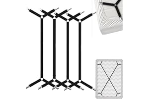 FeelAtHome Bed Sheet Holder Straps Criss-Cross - Sheets Stays Suspenders Keeping Fitted Or Flat Bedsheet in Place - for Twin Queen King Mattress Holders Elastic Clips Grippers Fasteners (4pcs, Black)