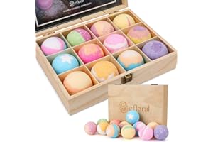 efloral 12pcs Bath Bombs Gift Set Retro Wooden Box | 4.2oz Natural Fizzy Spa moisturizes dry skin | Mixed Color Large Organic Relaxation Bubble Bath