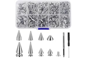 Deuson 359Pcs Punk Spikes and Studs Kit Zinc Alloy Silver Cone Spike and Stud Rivet Kit 8 Size Metal Leather Tree Spike Assortment Kit Clothing Stud Décor Kit for Clothing Jacket Shoes Wallet(Silver)