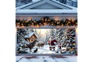 StarBlue-HGS Christmas Garage Door Cover, Winter Scene with Reindeer and Santa Holiday Decorations Large Outdoor Banner Holiday Party Background (240×180CM)