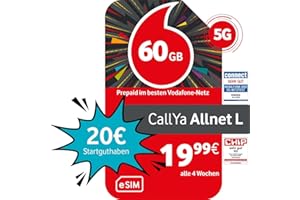 Vodafone Prepaid CallYa Allnet L eSIM | 60 GB | 20 EUR Startguthaben | ohne Vertrag | 5G-Netz | Telefon- SMS-Flat | EU-Roaming