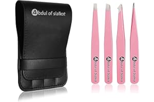 Abdul of Sialkot Eyebrow Tweezer Set for Women & Men - Professional Slant and Pointed Tweezer Set with Case - Precision Tweezer Kit for Facial Hair,Splinter and Ingrown Hair Removal (Pink 4 Piece)