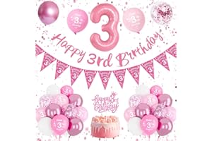 DJLLA 3rd Birthday Decorations for Girls, Pink Balloons with Happy 3rd Birthday Banner, 32 Inch Number 3 Balloon Cake Topper for Pink Party Decorations