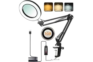 AONAT Lampe Loupe LED 10X avec Pince,72 LEDs,3 Modes de Couleur,10 Niveaux de Luminosité,Bras Articulé Flexible,Loupe Éclairage pour Lecture,Couture,Bijoux,Réparation,Noir