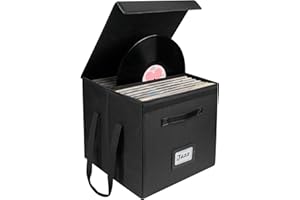 Uniclife Boîte de rangement pour disques vinyles, organisateur LP pliant avec couvercle et poignées, caisse album anti-éclaboussures pour 120 disques, support noir, 33 × 33 × 33