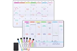 POPRUN Pizarra blanca con planificador semanal para la pared, autoadhesiva, calendario para la cocina, lista de la compra y planificador de comidas en alemán, 43 x 28 cm
