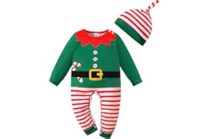 LIKPOJA Newborn Baby First Christmas Elf Outfit One-Pieces Baby Christmas Dress Up Santa Costume with Elf Hat for Toddler Baby Girls and Baby Boys