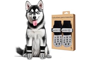 Maisly 5 calcetines antideslizantes de doble cara para perros con correas ajustables para uso en interiores y exteriores, protección de patas y control de tracción en suelos de madera dura (negro, M)