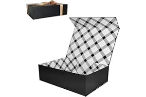 Tekhoho Caja de Regalos Grande Negro 33x23,7x10 cm, Caja de Regalos Premium con Tapa MagnéTica y Cinta para Embalaje de Regalos de Bodas y CumpleañOs, Forro a Cuadros
