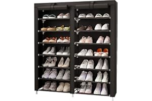 MOYIPIN 7-Tier Shoes Rack, Shoe Storage Cabinet with Dustproof Cover Space Saver Hold up to 28 Pairs of Shoes in Living Room, Hallway, 125 x 92 x 28.5 cm, Black