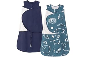 ZIGJOY Newborn Sleeping Bag 1.0 TOG 2 Pack Swaddle Wrap Baby Swaddle Sleeping Bag 100% Cotton Baby Wearable Blanket for New born Infant Boy Girl Grows 6-12 Months, Space&Blue