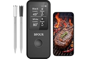 BFOUR Trådlös köttermometer med 2 sonder, Bluetooth-stektermometer digital trådlös för rotisserie grillugn, appkontroll, ± 0