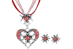 APMGONT 3 Stück Bayerisch Dirndlschmuck Set für Damen, Trachtenkette mit Strass Edelweiß Herz Anhänger Edelweiß Ohrstecker Trachtenschmuck Set für Oktoberfest Bierfest Dirndl