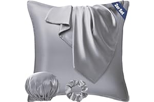 ‎SEIWOHL Seiwohl Satin Kissenbezug 80x80, 2er Set Satin Kopfkissenbezug Pillowcase Kissen Bezug Kissenhülle für Haar und Haut, ähnlich wie Seide, Grau, mit Haargummi und Haarhaube