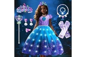COYBTO Sirena Vestito Principessa Bambina, LED Luminoso Vestito Principessa Ragazza, Sirena Principessa Vestito Costume con Corona Collana Set, Luminoso Vestito per Bambini Halloween Carnevale Cosplay