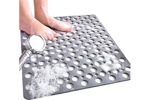 Venuso Square Shower Mats Non Slip Anti Mould, 53 x 53 cm Rubber Anti Slip Bath Mat with Drain Holes, Machine Washable, Grey