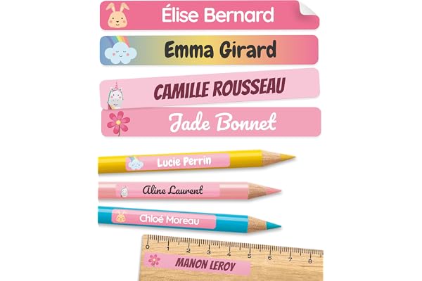 75 Étiquettes autocollantes personnalisées pour l'école - Étiquettes prénom pour crayons et matériel scolaire - Résistantes à l'eau - Dragée