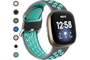 Dirrelo Bracelet compatible avec Fitbit Versa 4/3/Sense 2/Sense, unisexe, en silicone respirant et imperméable, gris/bleu sarcelle, L