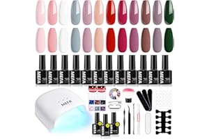 MEFA 34 Pcs Gel Nail Kit with 48W UV Lamp, 12 Colors Nude Pink Red Brown Gel Nail Polish Kit with Matte Glossy Top Base Coat Manicure Tools Nail Art Decorations DIY Salon Home