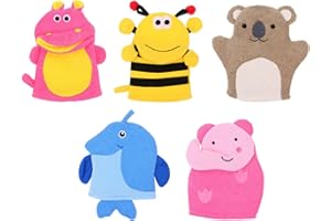 STOBOK 5Pcs Kids Bath Gloves - Adorable Animal Shape Exfoliating Bath Mitts for Toddlers - Soft Sponge and Polyester Wash Mitts for Baby Bathing - Assorted Colors