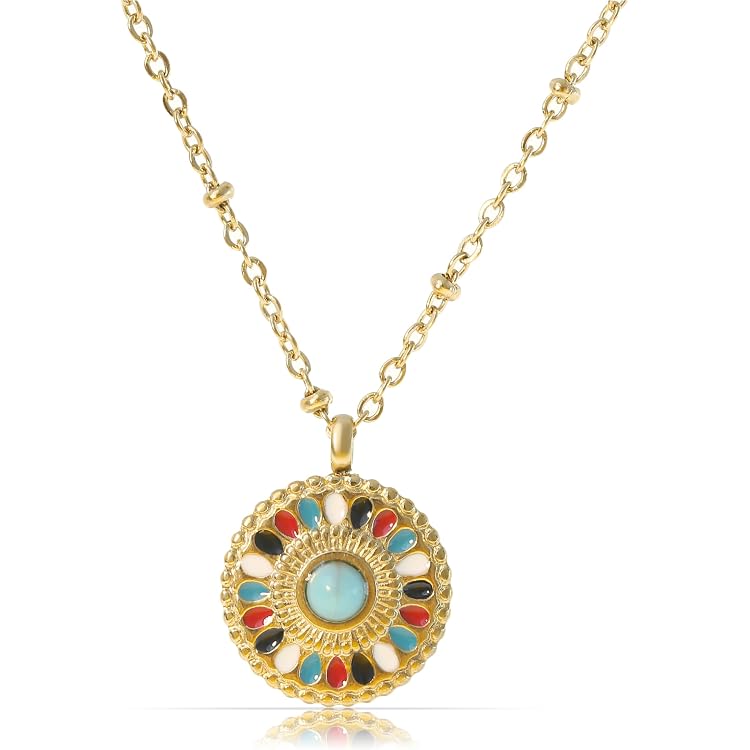 Made By Nami Collier Pour Femme Doré Avec Pendentif Boussole Et Pierre Turquoise En Acier Inoxydable Chirurgical 40+5 Cm Cadeaux Hypoallergéniques Bijoux Imperméables