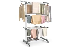 SONGMICS Tvättställ, 4 nivåer, mobilt torkställ, med hjul, hopfällbart, 63,5 x 125,5 x 173 cm, stor kapacitet, inomhus och ut