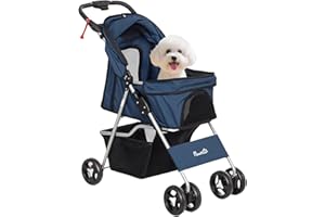 PawHut Carrito para Perros Plegable Cochecito para Mascotas Carrito para Perros Pequeños con Toldo Ajustable Cesta de Almacenaje 2 Ruedas Universales Carga 15 kg 75x46x94 cm Azul Oscuro