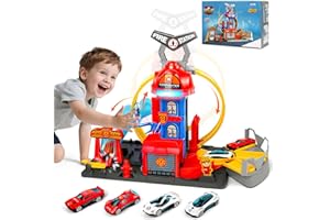 Charmofun City Coffret Circuit Looping de Pompiers, Set Circuit Voitures avec 4 Voitures, Une Piste Élévatrice et des Effets Lumineux et Sonores, Jouet de Circuits Lanceur Enfant – dès 4 Ans