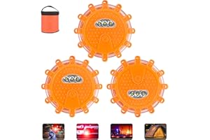SHTALHST 3 Pack LED Road Flares, Emergency Light, LED Warning Light with 9 Flashing Light Modes and Magnets Base & Hook,Dry Battery Operated, for Cars, Trucks, Boats, Warning Light for Traffic Accidents.