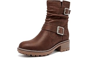 Ruiee Women's Ankle Boots Slouchy Flat Ladies Booties Low Chunky Heeled Riding Combat Boot Comfortable Casual Round Toe Short Boots for Women.