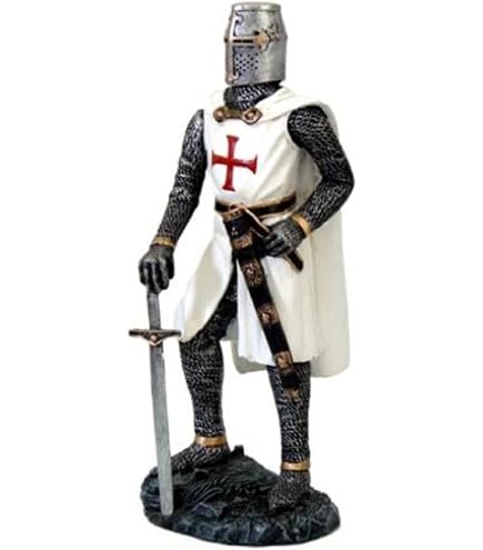 Statue Templier Avec Bouclier Et Lance – Figurine Décorative 20 Cm En Polyrésine Peinte à La Main – Blanc Et Rouge