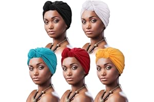 DRESHOW 5 Pack Women Turban African Pattern Knot Headwrap Beanie Pre-Tied Bonnet Chemo Cap Hair Loss Hat