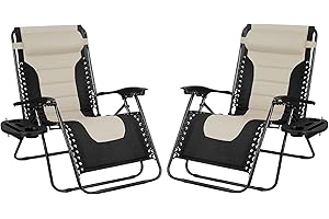 SG Traders Zero Gravity Chair - Reclining Outdoor Sun Lounger, Relaxer Chair for Patio Decking Gardens Camping Folding Chairs with Cup Holder and Adjustable Headrest Sunlounger (Pack 2 - Black Cream)