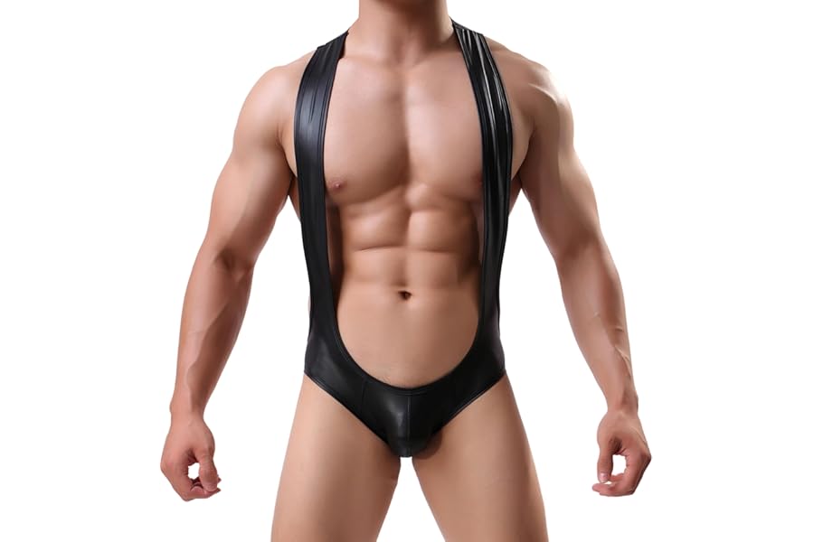 Drelaar Men's Activewear Faux Leather Leotard Bodysuit Suspender Wrestling Singlet Jockstraps One-Piece Jumpsuit